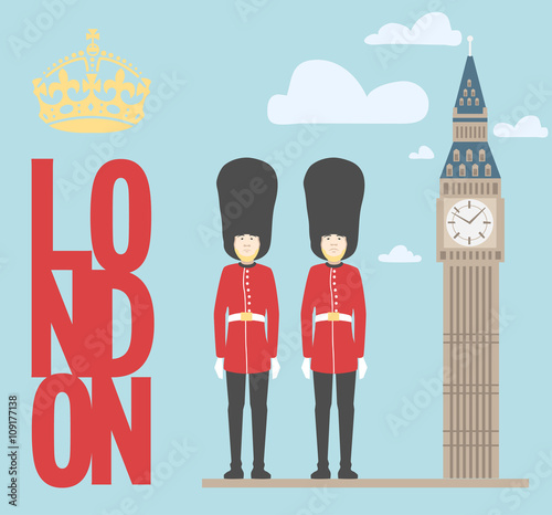 Queen's guards / Vector illustration of the Big Ben, the symbol of London and United Kingdom