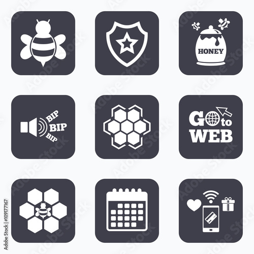 Honey icon. Honeycomb cells with bees symbol.