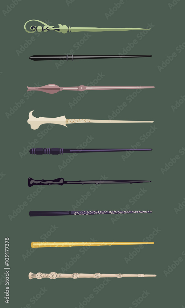 Fototapeta premium Set of 9 different magic wands for witches and wizards / vintage magic sticks for witchcraft schools and fantasy games