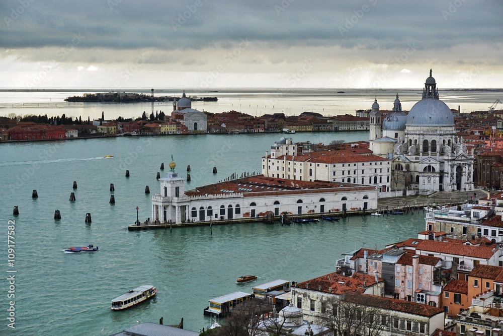Panoramic view of Venice from the Campanile on a cloudy day