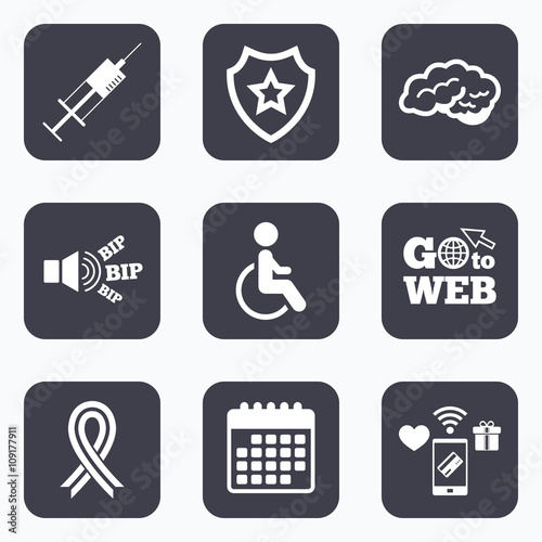Medicine icons. Syringe, disabled, brain.