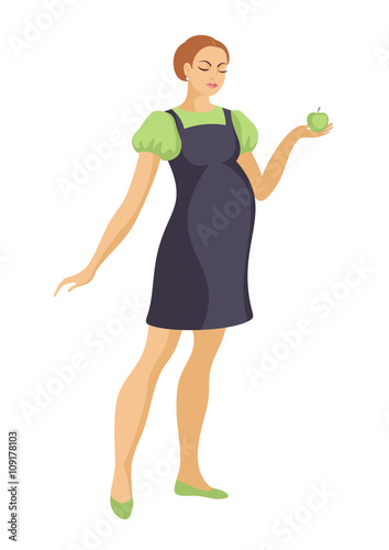 the young beautiful pregnant woman holds big green apple