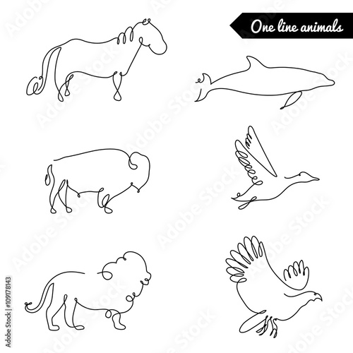One line animals set, logos / vector stock illustration / deer, elk,giraffe, orstich, rooster, 
rhinoceros, hedgehog