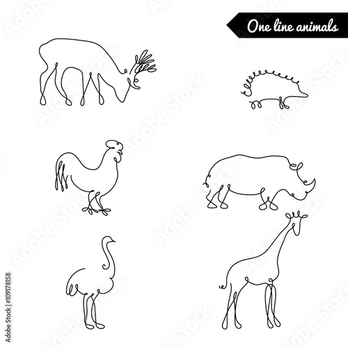 One line animals set  logos   vector stock illustration   deer  elk giraffe  orstich  rooster    rhinoceros  hedgehog