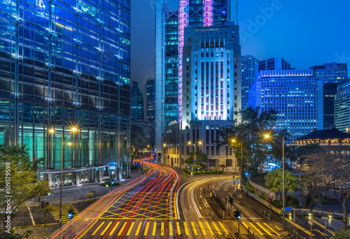 Photography light trails in the downtown district,hongkong china.