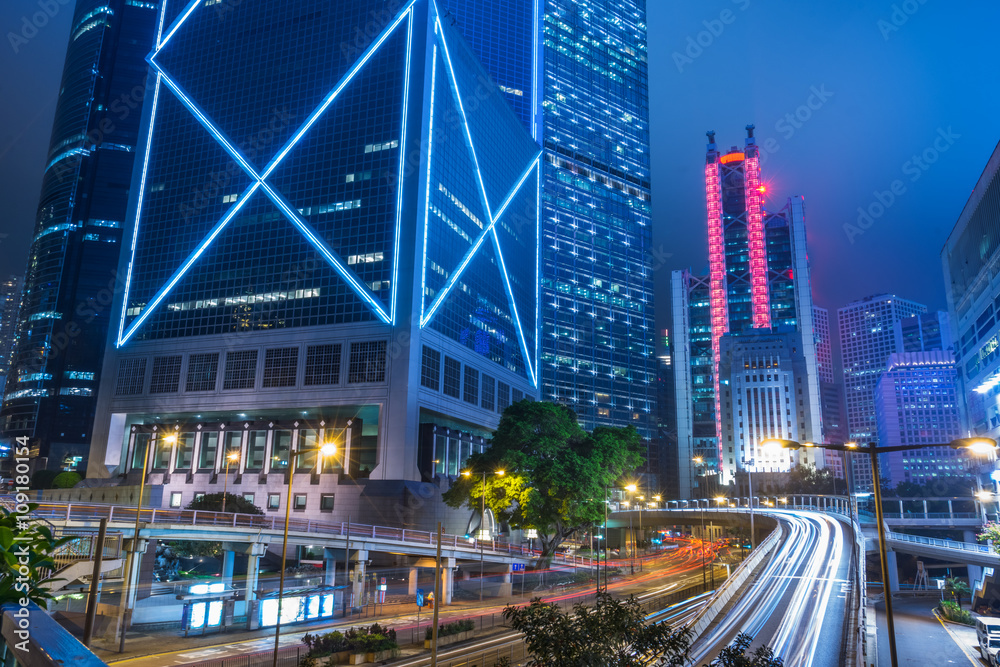 light trails in the downtown district,hongkong china.