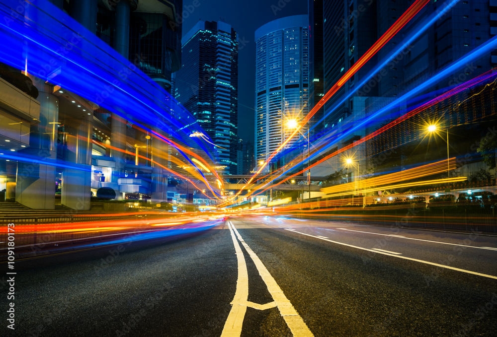 light trails in the downtown district,hongkong china.