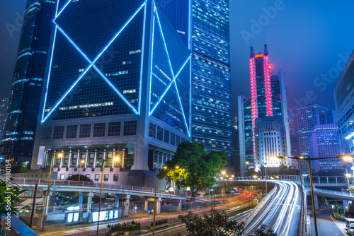 light trails in the downtown district,hongkong china.