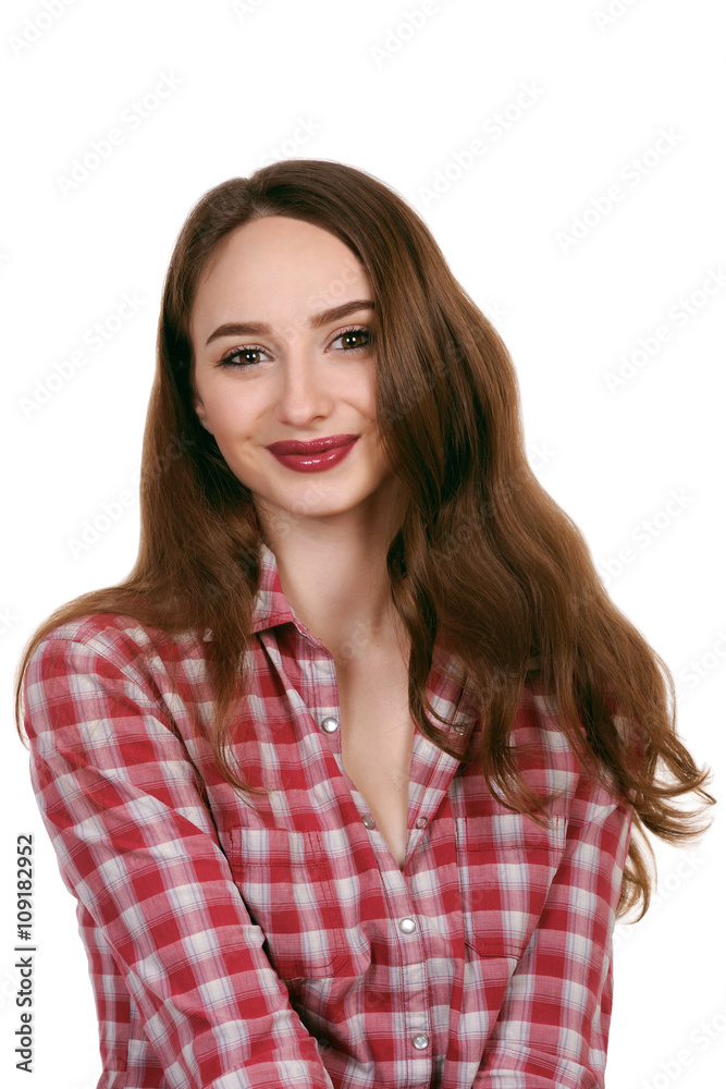 Smiling young woman in checkered shirt isolated on white backgro Smiling young woman in checkered shirt isolated on white backgro