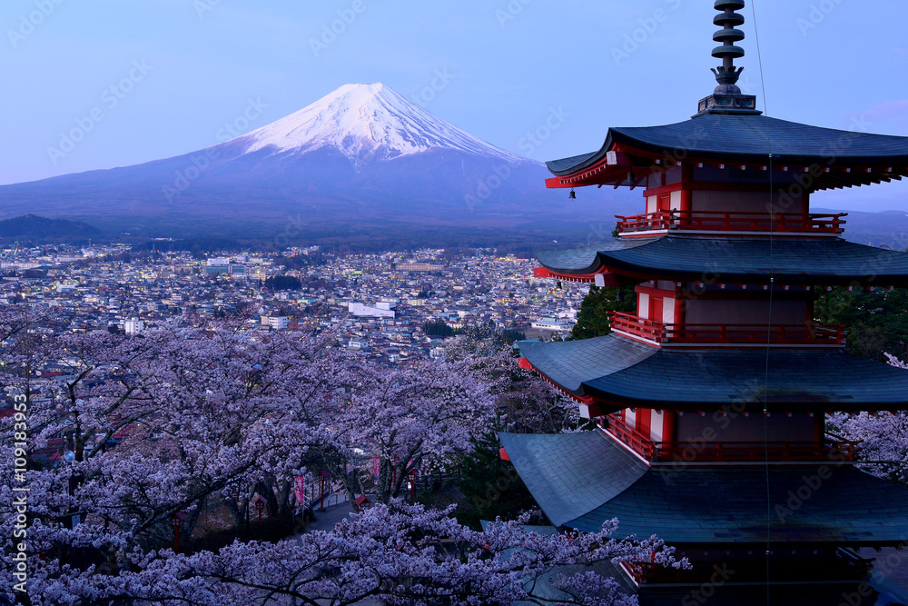 新倉山浅間公園忠霊塔から夜明けの桜と富士山