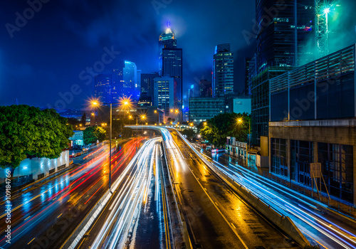 light trails in the downtown district hongkong china.