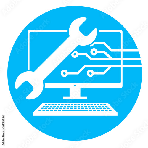 Big Data Security Maintenance and Tech Icon with Wrench and Gear Tools for Technician to Use when Scanning Systems - Internet or Information Technology Repairs