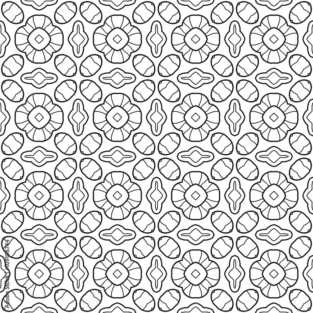 Black, white seamless pattern. Decorative ornament for coloring book, page. 