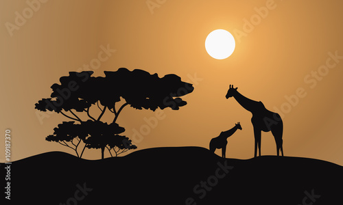 Giraffe silhouette in hills