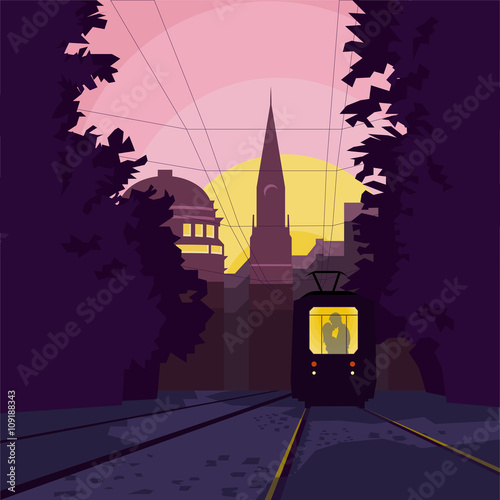 Tram with kissing couple on the street of picturesque touristic city at dawn. Vector illustration with organized layers.