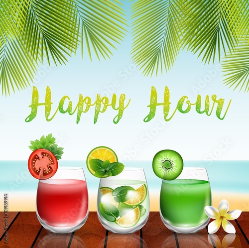 Summer drinks on the table in beach background