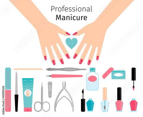Professional manicure poster in flat style. Nails manicure or hands with manicure on white background. Vector illustration