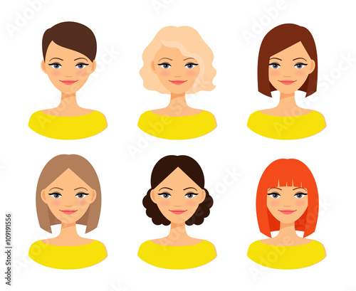 Womens faces. Woman with different hair color and different hairstyles vector illustration