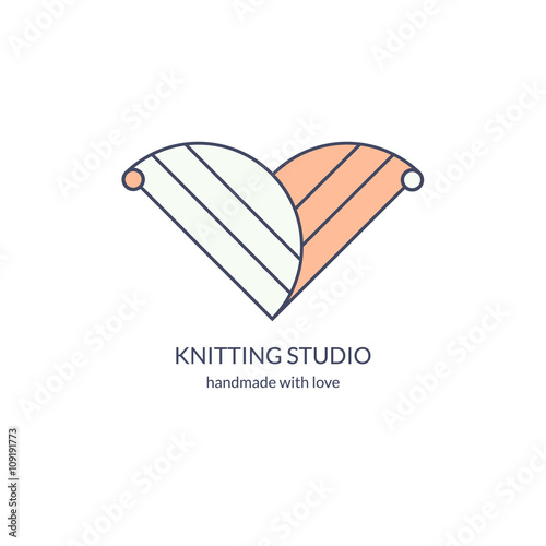 Creative logo for knitting studio, handmade shop, needlework business. Skein of yarn, knitting needles and heart silhouette. Vector illustration