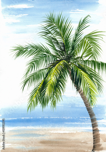 Tropical resort view with the seashore and coconut palm. Original watercolor painting.
