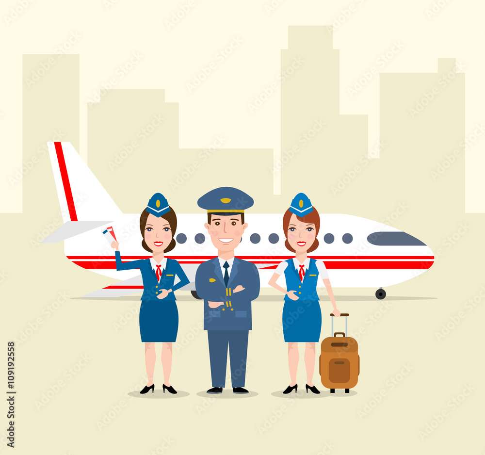 pilot and stewardess in uniform airplane in airport concept ...