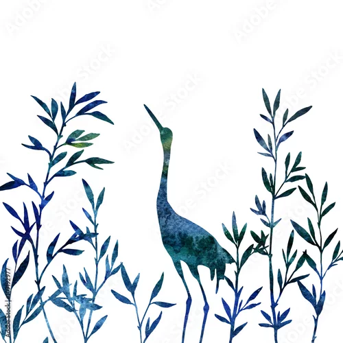 Naklejka na ścianę czapla w gąszczu bambusowych gałęzi z liśćmi