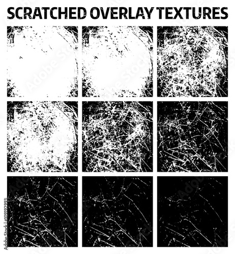 Set of scratched overlay grunge textures background