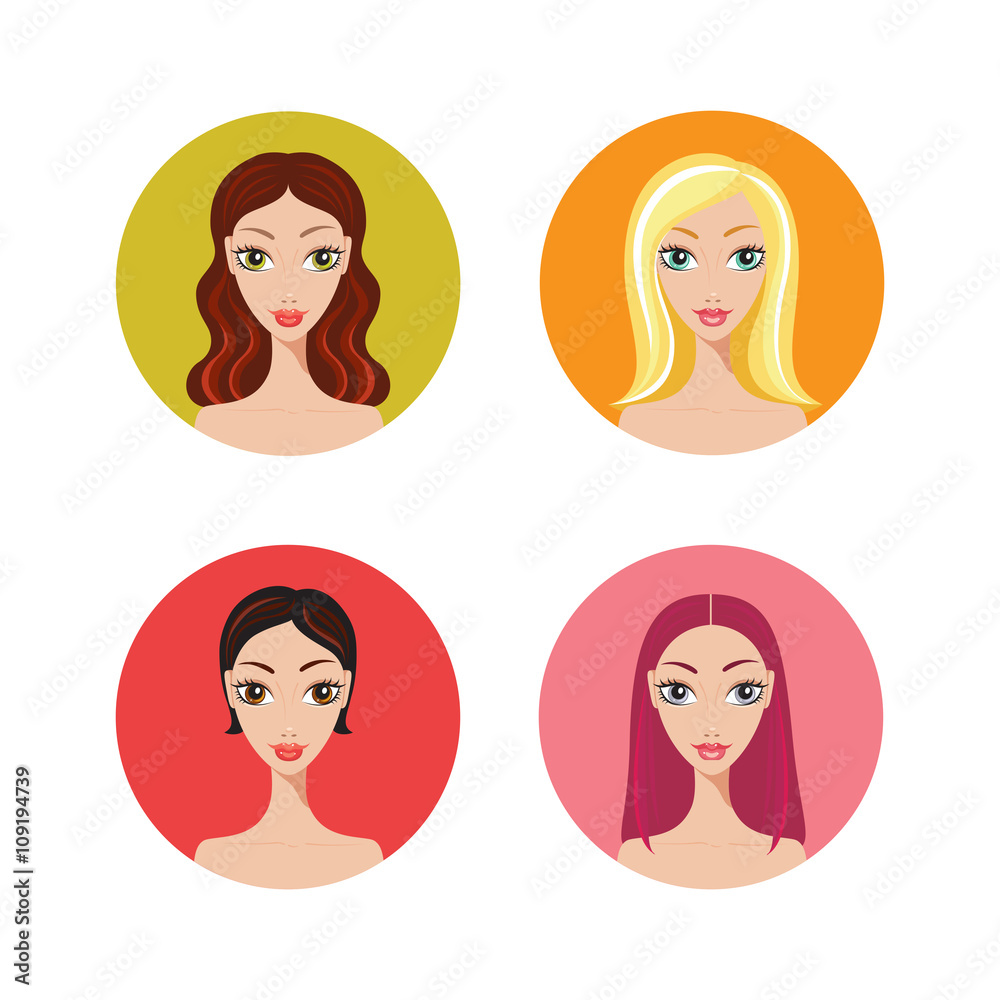 Beautiful young woman with trendy hairstyles icons set Beautiful young woman with trendy hairstyles icons set