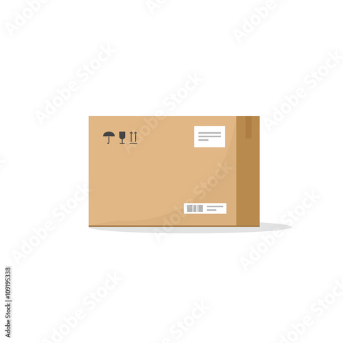 Carton box container vector illustration, cardboard box pack with handling packing icons, text stickers, bar code, closed parcel box, package paper box flat cartoon design isolated on white