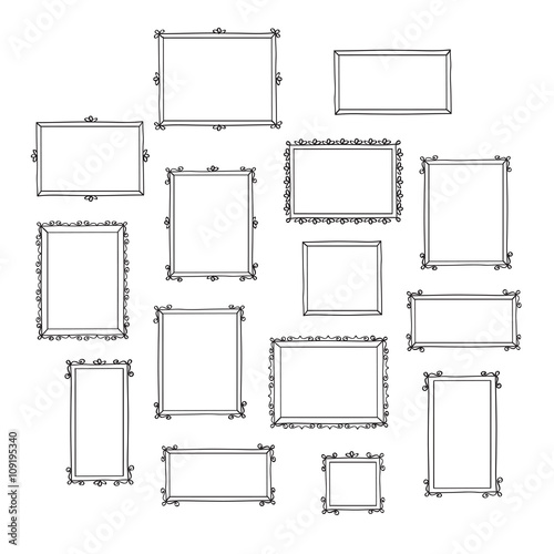 Set of hand drawn decorative photo frames. Vintage frames. Doodles, sketch for your design. Vector illustration.