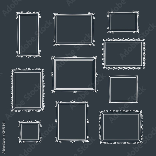 Set of hand drawn decorative photo frames. Vintage frames. Hand drawn with chalk on the black chalkboard. Doodles, sketch for your design. Vector illustration.