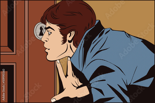 Man peeping through the keyhole.