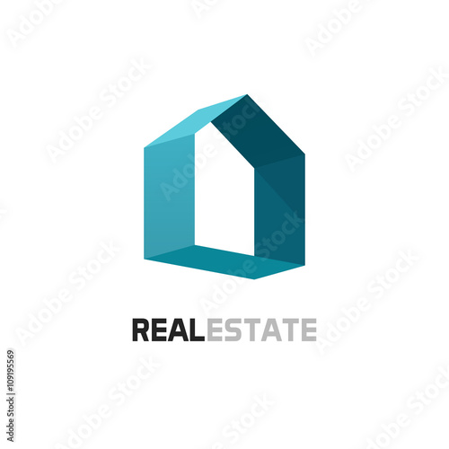 Real estate vector logo template, blue 3d abstract geometric home symbol with shadow.