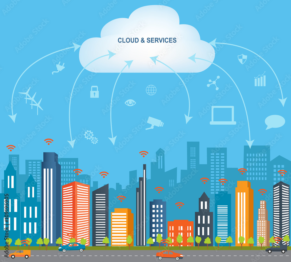 Internet of things concept and Cloud computing technology  Internet of things cloud with apps.Smart city design with  future technology for living