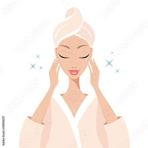 Beautiful young woman touching her face Beauty Spa Skincare concept