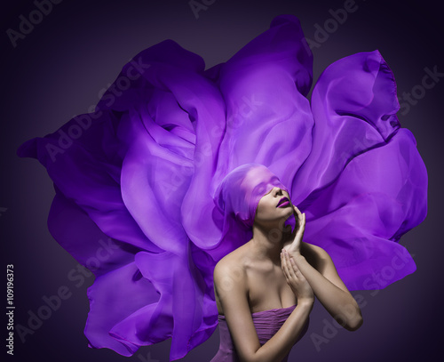 Woman Beauty Face Silk Cloth, Fashion Model Waving Fabric Purple photo