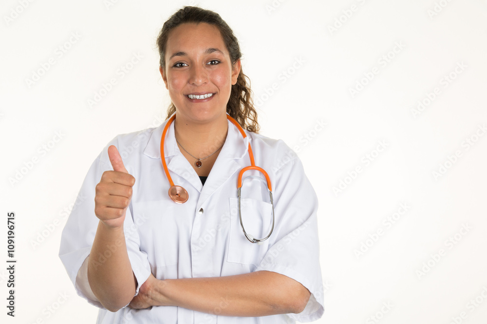 Young medical worker thumb up and copy space Young medical worker thumb up and copy space