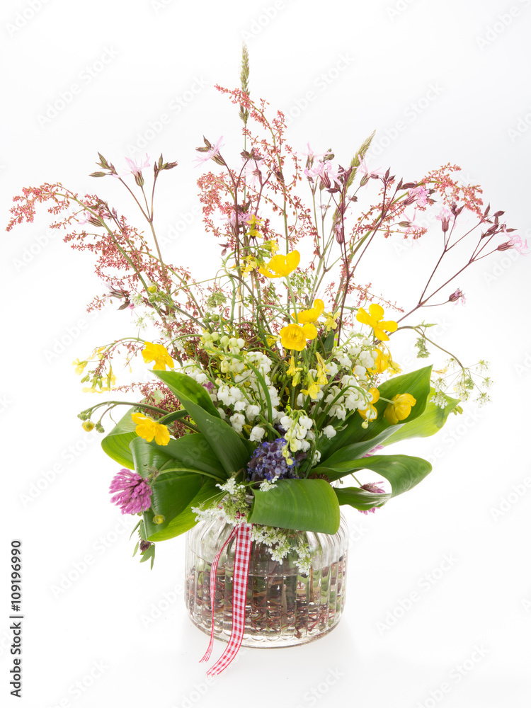 beautiful bouquet of bright wild flowers and lily isolated on white