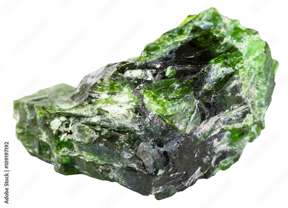 raw chrome diopside stone isolated on white raw chrome diopside stone isolated on white