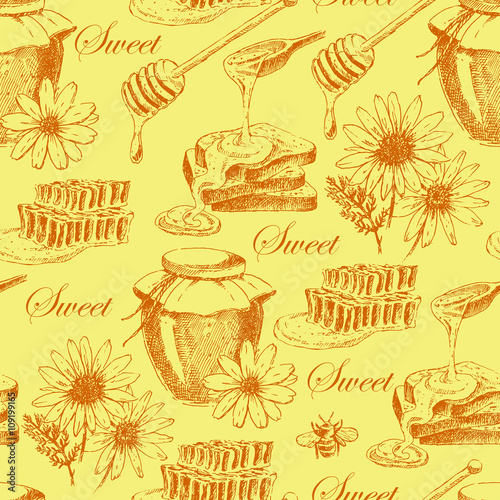 vector honey seamless pattern. hand drawn jar, spoon, stick, cells, camomile. ink sketch of organic nature products