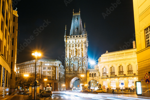 Canvas Print Night View Of The Powder Tower Or Powder Gate. This Landmark Is