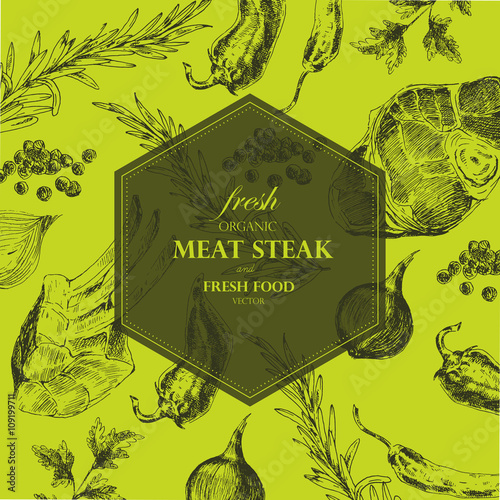 vector meat steak sketch drawing designer template. food hand-drawn backdrop for corporate identity