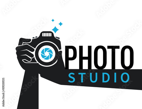 Photographer hands with camera icon or logo template. Flat illustration of lens camera shooting macro image with flash and text ideal photo photo