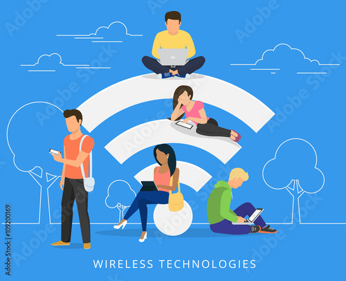 Young man sitting on the wi-fi white sign and using laptop, women reading news on tablet pc, guy holds smartphone and teenager sitting with laptop. Flat illustration of social networking with gadgets