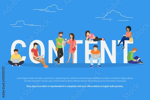Content concept illustration of young various people using laptop, tablet pc and smartphone to use social networks and websites. Flat design of guys and young women staying near big letters content
