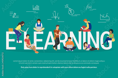 E-learning concept illustration of young various people using laptop, tablet pc and smartphone for distance studying and education. Flat design of guys and young women staying near big letters e