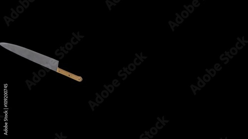 3D animated butcher’s knife fly spinning through the scene including luma matte