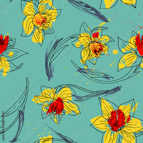 Fototapeta Naklejka Na Ścianę i Meble -  floral seamless pattern with narcissus
