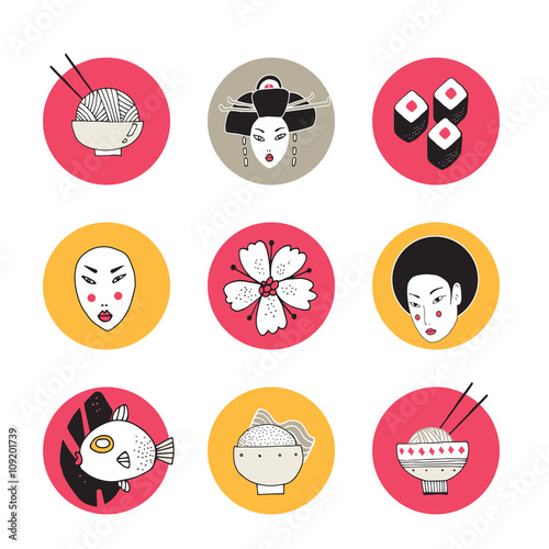 Hand drawn Japan and Asia design icons collection