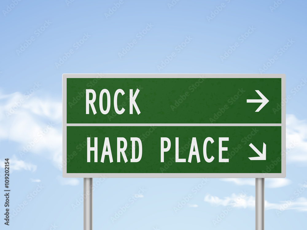 Fototapeta premium 3d illustration road sign with rock and hard place
